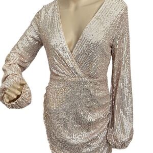Faeriesty Women's Gold Sequin Wrap Mini Dress Long Sleeve Party M